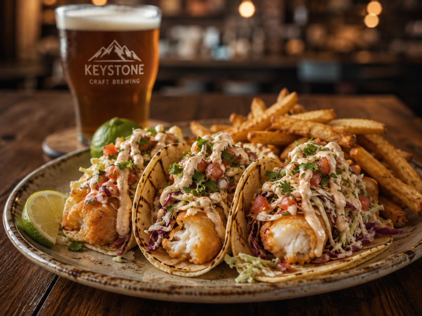 Tacos and fries served with Keystone beer